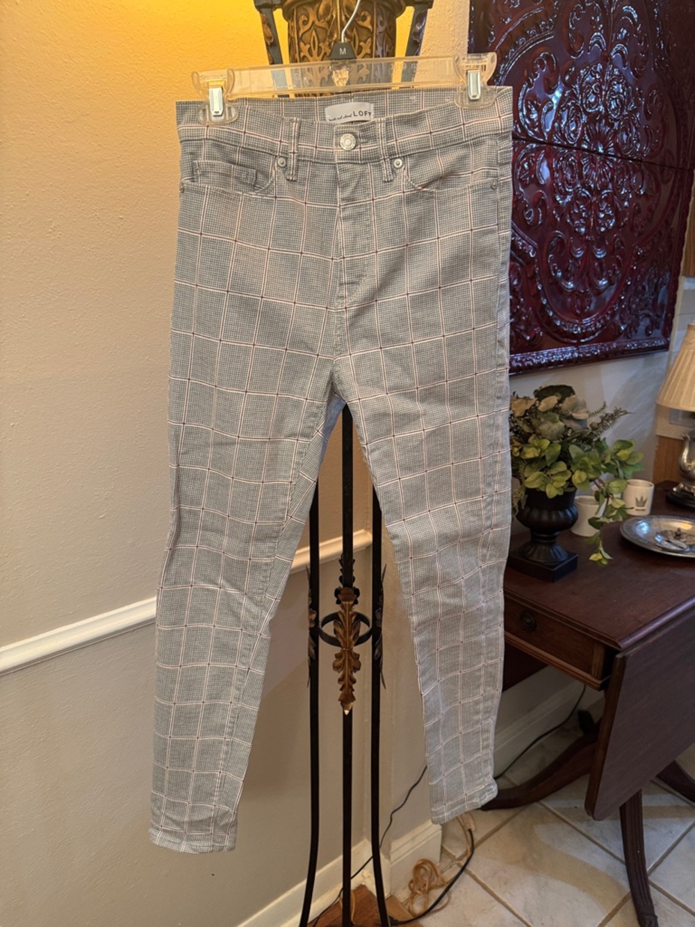 LOFT Gray Plaid Skinny Jeans with Pink Windowpane